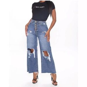 Fashion Nova Trend Setter Distressed Wide Leg Jeans Button Fly Women’s Size 9